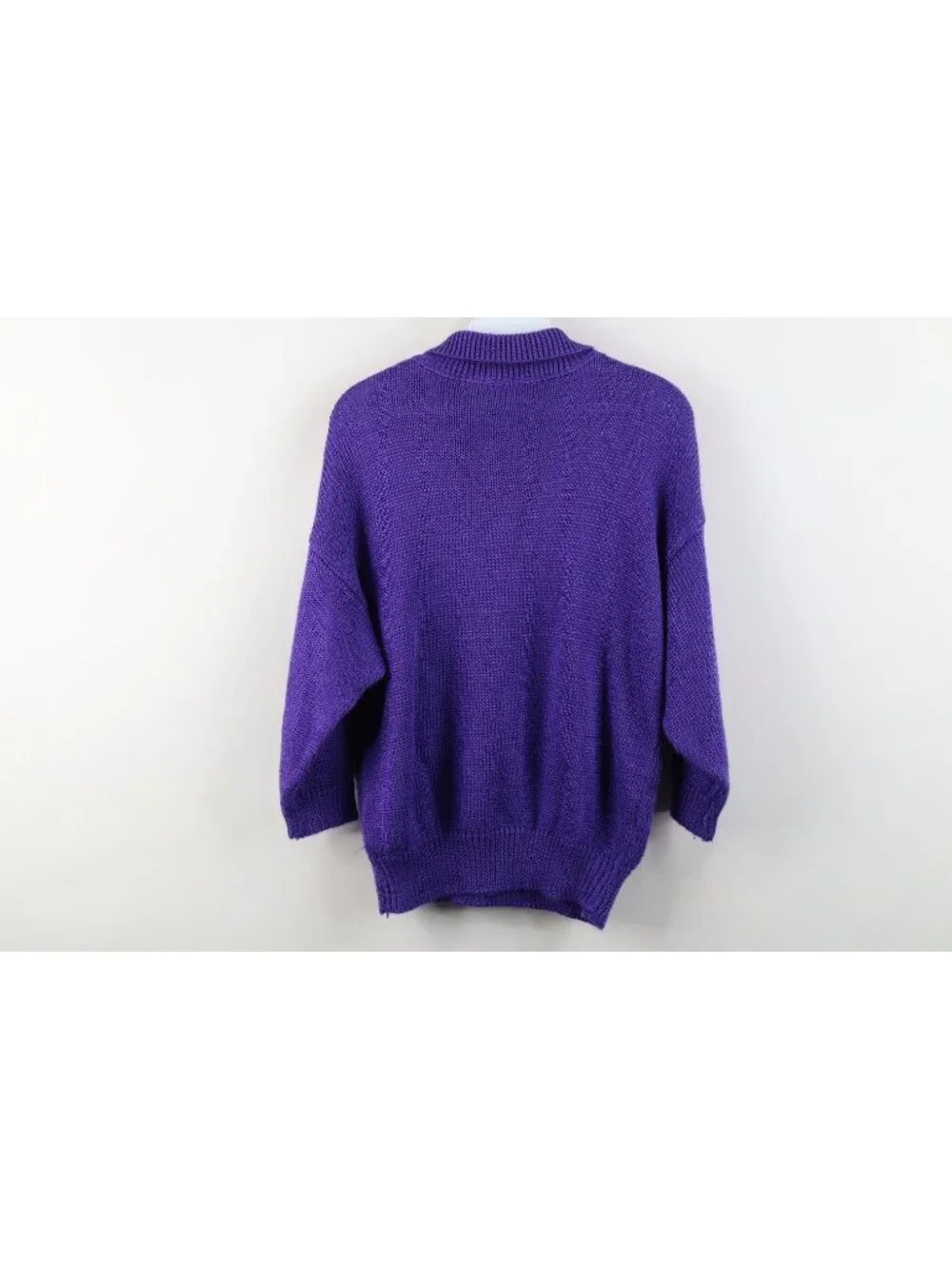 Vintage 80s 90s Womens Large 3/4 Sleeve Cable Knit Collared Sweater Purple USA